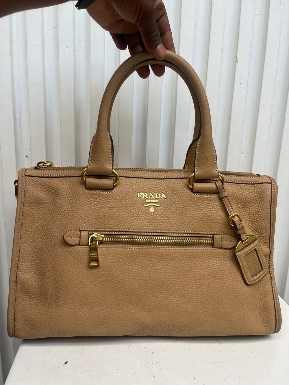 Prada two way Tan Pebbled Leather Top-Handle Handbag with Gold Hardware